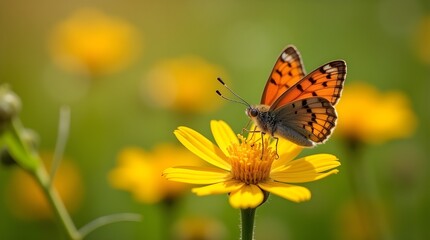 Obraz premium close-up of a vibrant orange butterfly perched on a wildflower, soft focus background of green meadow, natural lighting with shallow depth of field -