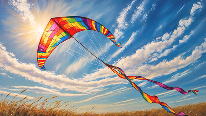 Rainbow colored kite in bright blue sky in wind, summer activity
