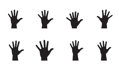 Fototapeta premium Set of eight black hand silhouettes on a white background showing palms with fingers