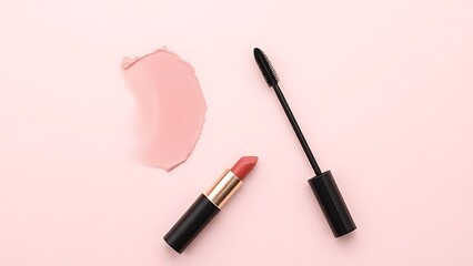 Makeup Essentials Lipstick, Mascara, and Lip Gloss Swatch on Pink Background