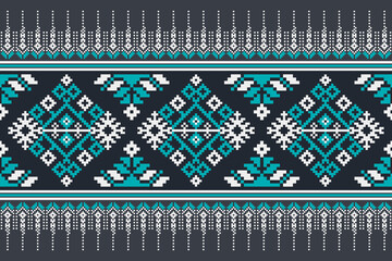 Cross Stitch pattern with Floral Designs. Traditional cross stitch needlework. Geometric Ethnic pattern, Embroidery, Textile ornamentation, fabric, Hand stitched pattern, Cultural stitching pixel art.