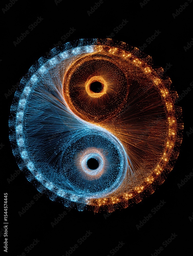 Poster symbol of emotional balance represented by a yin-yang design integrated with neural network patterns