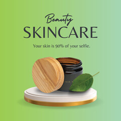 Skincare Product Amber Jar Wooden Lid Green Leaf beauty