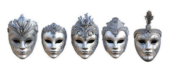 Pack Collection Elegant Silver Venetian Masks A Collection of Mystery and Intrigue set against transparent background