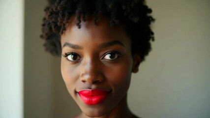 Natural glow makeup transformation with highlighter and bold lips in bright setting