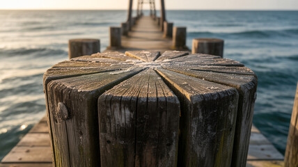 Wooden pier post close up with ocean view during golden hour and artistic podium