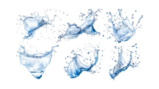 Pack Collection Abstract Water Splashes Global Design Element Blue Liquid Texture set against transparent background