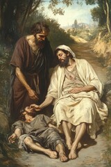 Good Samaritan caring for a wounded traveler on a quiet road, embodying compassion and selflessness