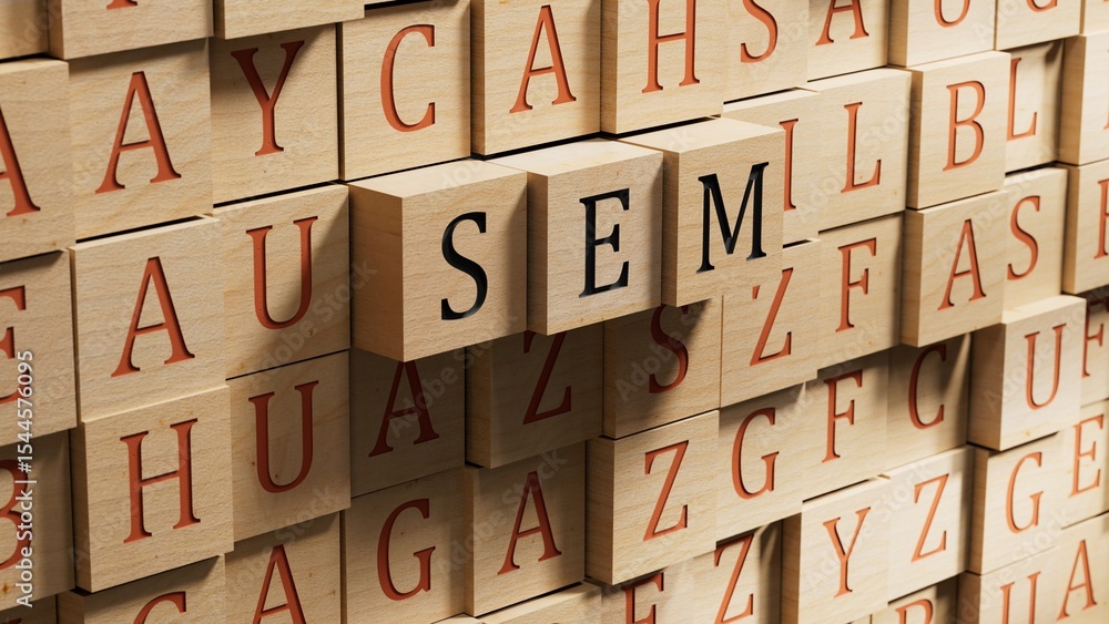 Poster sem symbol. concept word sem - search engine marketing on wooden blocks and blocks. business and sea