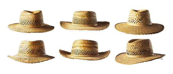 Pack Collection Six Straw Hats Beach Style Summer Fashion Sun Protection set against transparent background