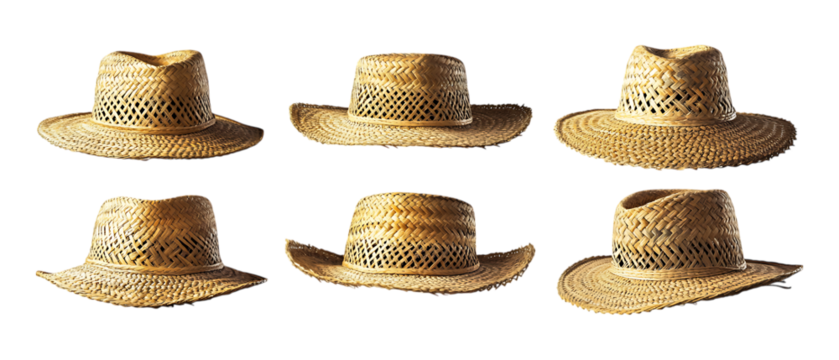 Pack Collection Six Straw Hats Beach Style Summer Fashion Sun Protection set against transparent background