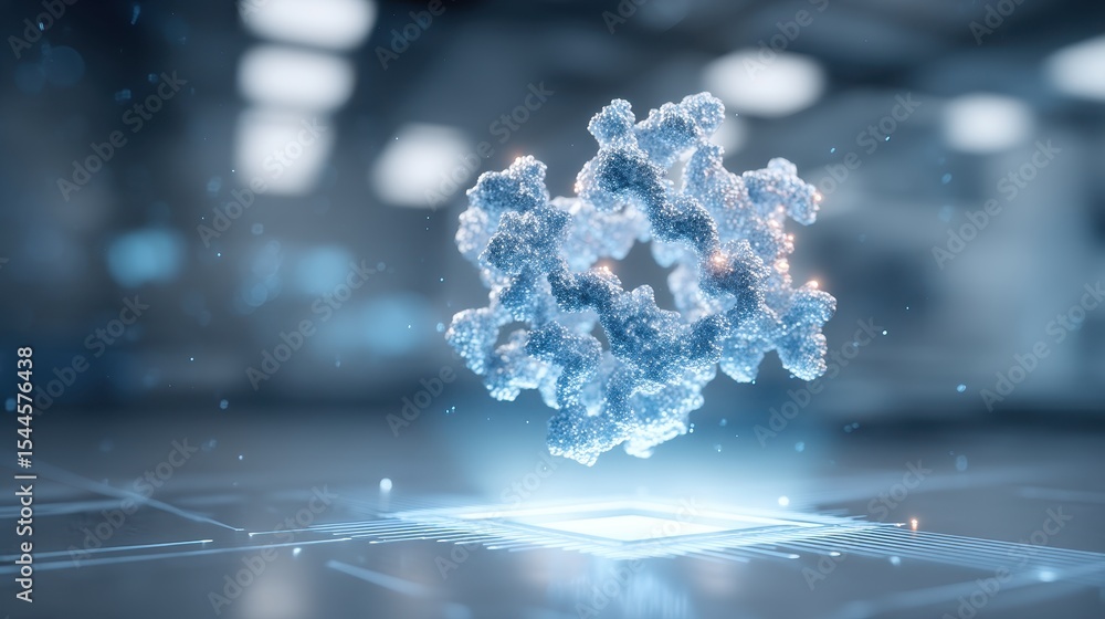 Poster dynamic 3d protein fold hovers above a sleek quantum chip in a high-tech lab with soft lighting effe