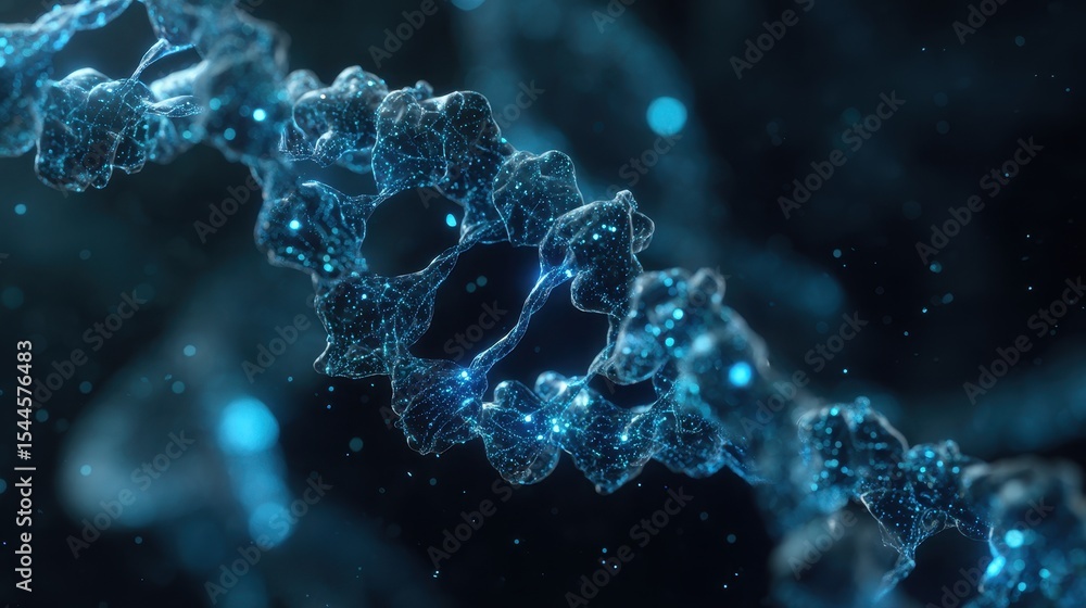 Poster floating holographic protein structure splits and refolds with glowing quantum circuitry illuminated