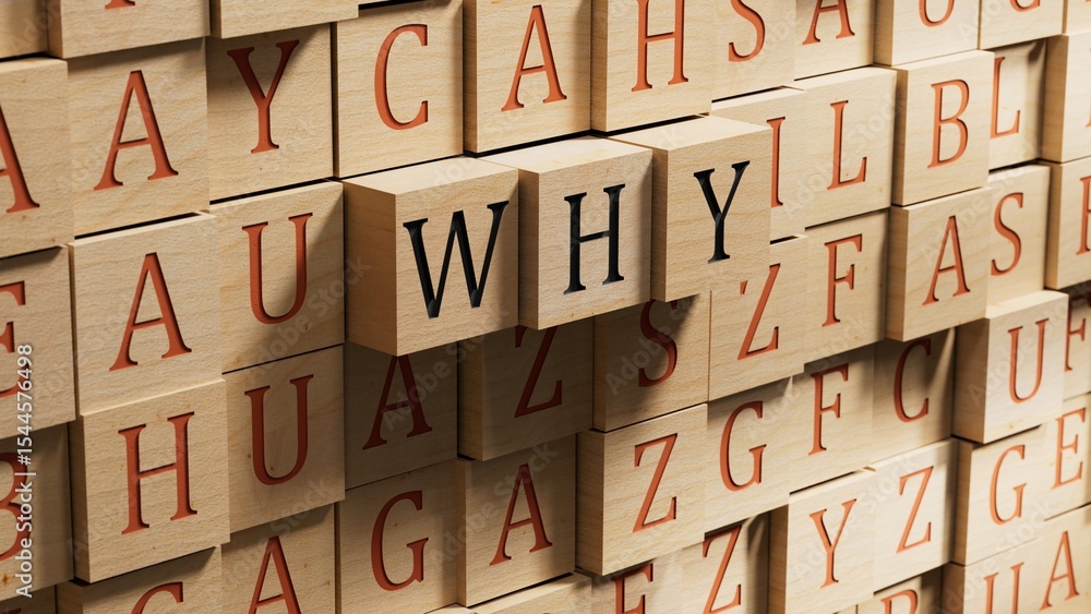 Poster why closeup of word with question mark on wooden blocks. reason why business or relationship concept