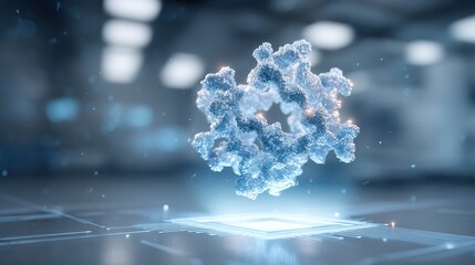 Dynamic 3D protein fold hovers above a sleek quantum chip in a high-tech lab with soft lighting effects