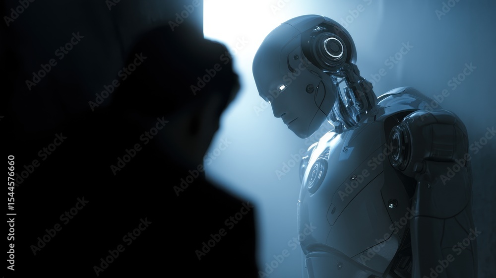 Poster close-up of a human figure in shadows observing ai robots operating under a spotlight in an industri
