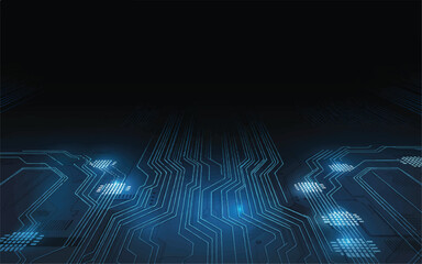Digital Circuitry: Abstract glowing blue digital circuitry pattern on dark background, representing technological innovation and data flow.
