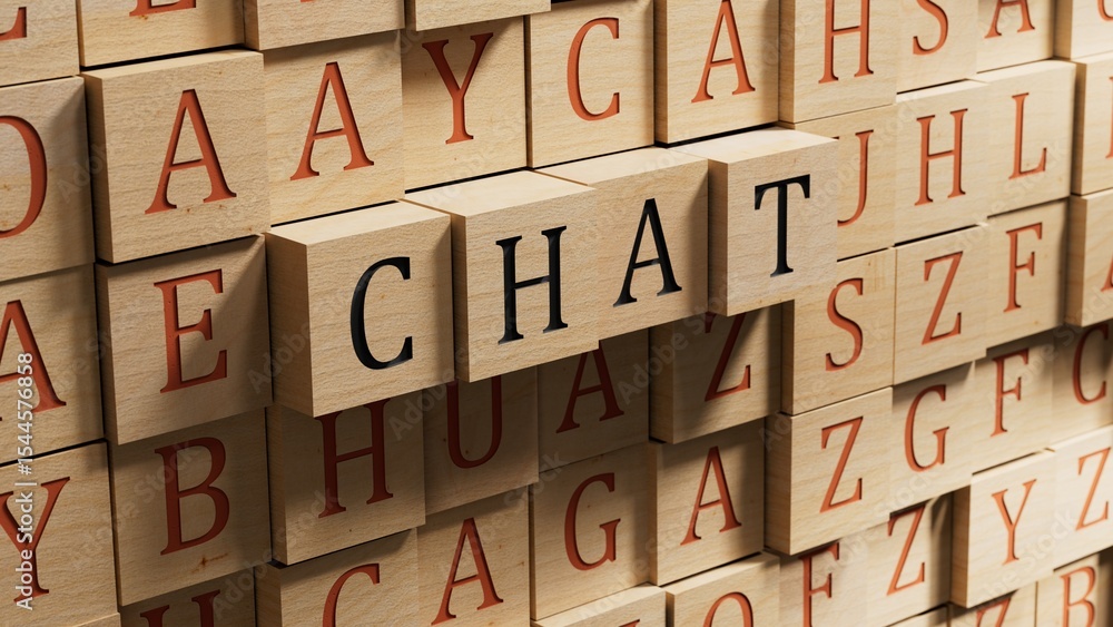 Poster chat.wooden blocks spelling.flat lay view from above on wooden blocks buttons.it technology concept.