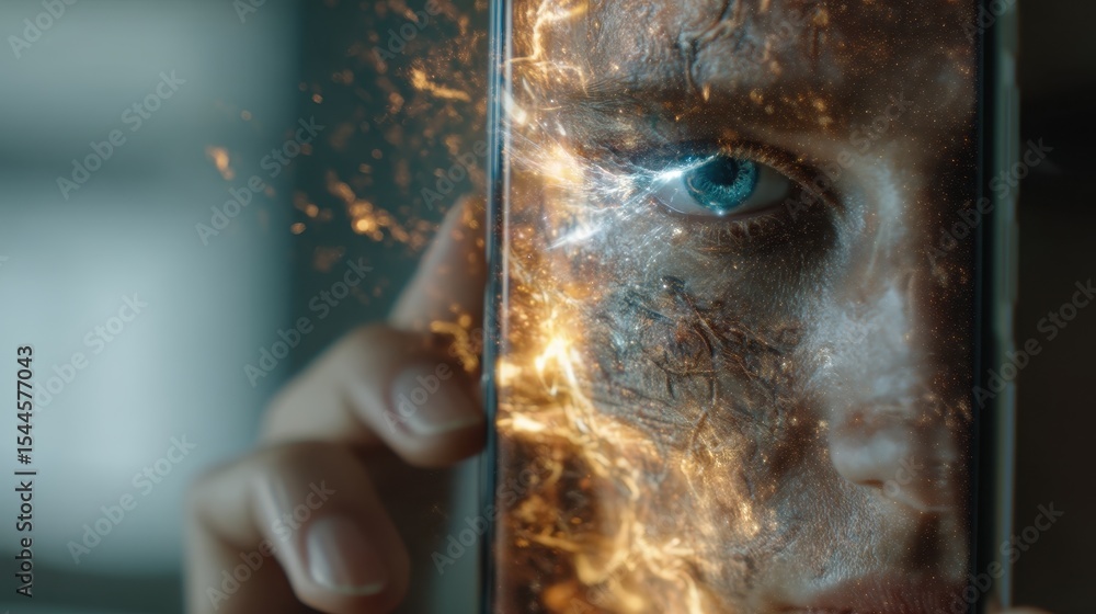 Aufkleber close-up of smartphone displaying ai-generated real-time face morphing with dramatic lighting and vi