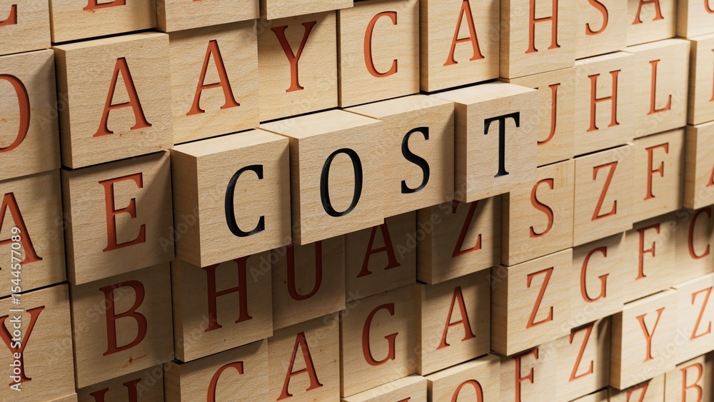Poster wooden blocks with cost business word.close up of wooden blocks,business concept.3d rendering on woo