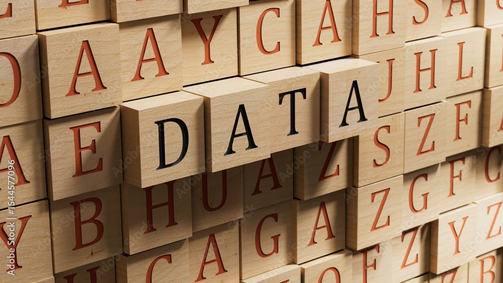 Poster data.wooden blocks spelling.flat lay view from above on wooden blocks buttons.it technology concept.