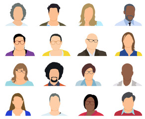 Vector people faces avatars and users collection - Set of illustrations with profile pictures of diverse people in various clothes and styles. Flat design in oval frame on white background 
