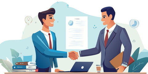 Two business professionals shaking hands across a table after signing a contract, with documents, pens, and a laptop on the table; focus on trust, agreement, and success.