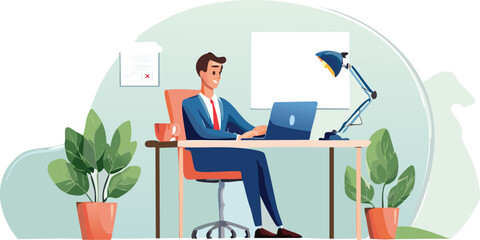 A professional working from home on a laptop at a clean desk with a coffee mug, smartphone, and a plant, with soft lighting and a cozy home-office background.