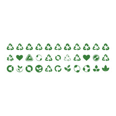 Collection of green recycling symbols and icons representing eco friendly concepts and sustainability