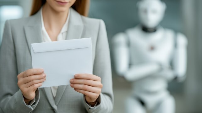 Close-up of a woman in a business suit holding a layoff letter in a modern office with a robotic figure in the background and soft lighting in the early afternoon