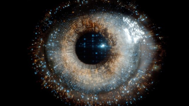 Close-up view of an advanced AI eye showcasing intricate internal motion, dynamic light, and a unique high-tech iris pattern with minimal details visible in a dark environment