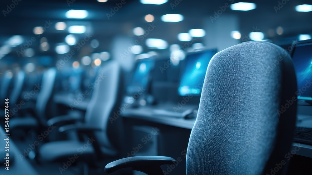 Poster close-up view of empty chairs in a call center featuring ai interface on monitors with sterile light