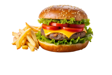Juicy cheeseburger with sesame bun, lettuce, tomato, and golden french fries