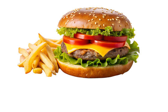 Juicy cheeseburger with sesame bun, lettuce, tomato, and golden french fries