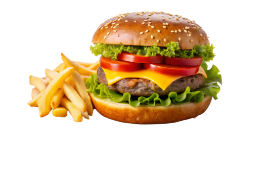 Juicy cheeseburger with sesame bun, lettuce, tomato, and golden french fries