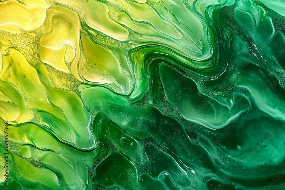 Poster close-up view of fluid-like waves flowing in a gradient of greens and yellows. the abstract design c