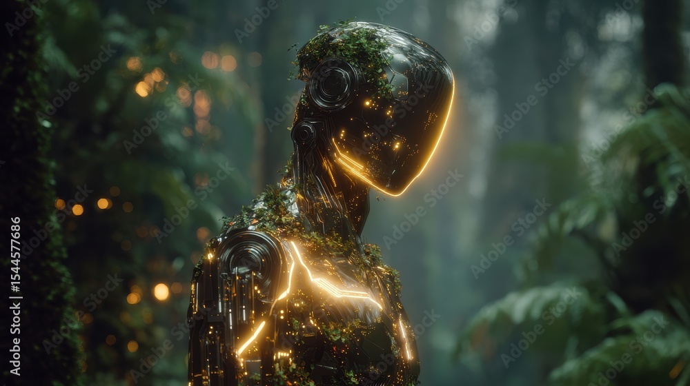 Poster robotic figure stands amidst glowing circuit forest with luminous edges and lush greenery in a capti