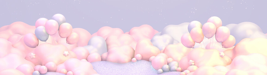 3D render glossy balloons and clouds.