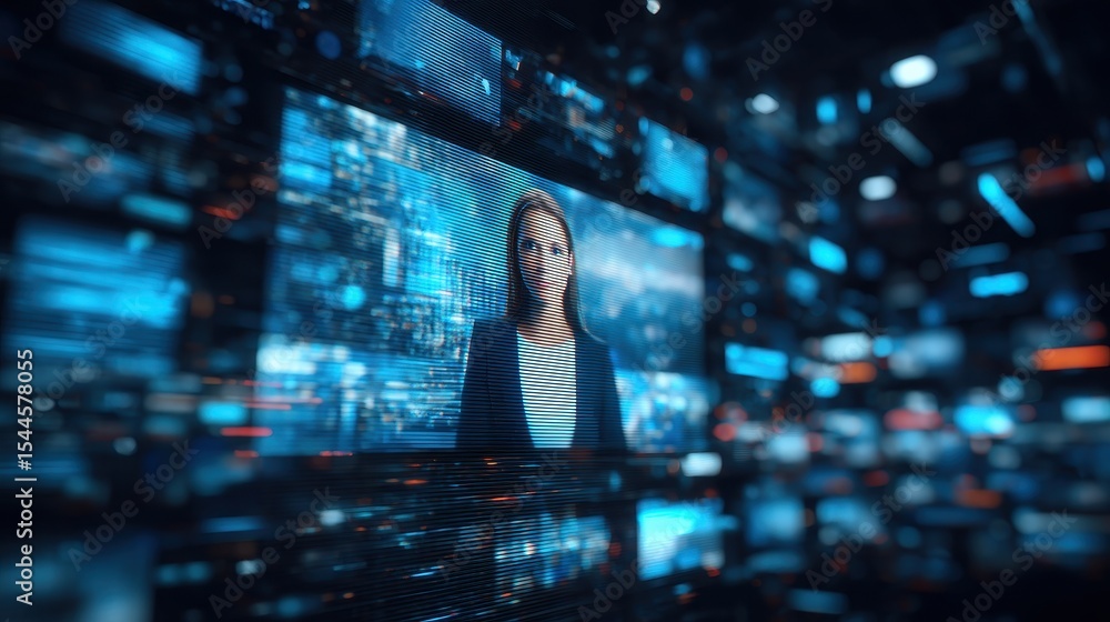 Poster close-up of blurred live news broadcast featuring ai-generated anchor with static effects in a dim s