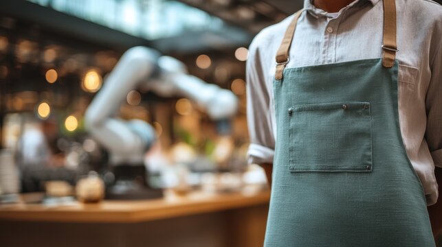 Cafe worker removes apron while a robotic barista operates in the blurred background, capturing the blend of human and machine in a modern coffee shop setting