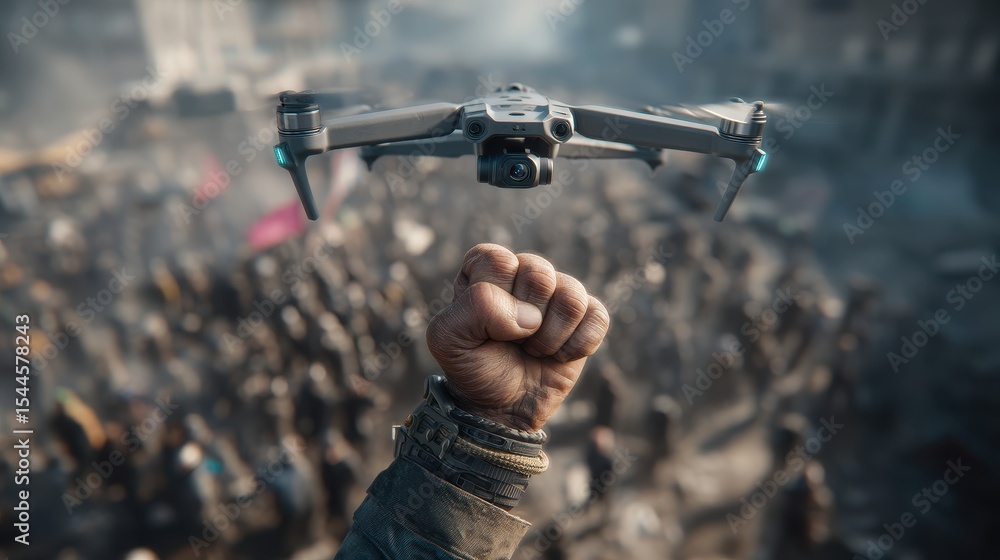Poster drone soaring above a crowd during a protest in an urban area, capturing the moment of unrest with d