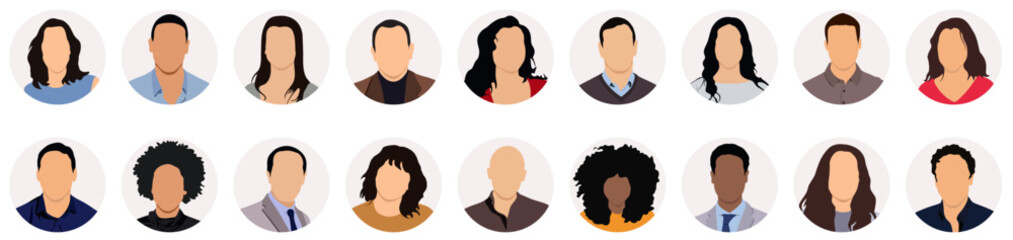 Vector people faces avatars and users collection - Set of illustrations with profile pictures of diverse people in various clothes and styles. Flat design in oval frame on white background 