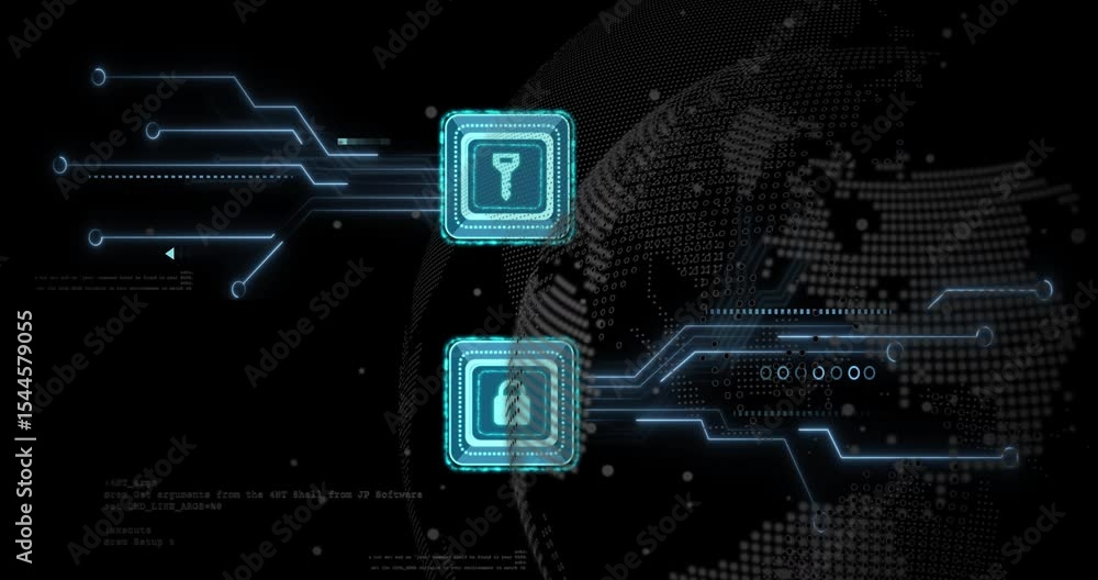 Poster circuit pulses driving key and lock icons pulsing while globe rotating forming secure handshake