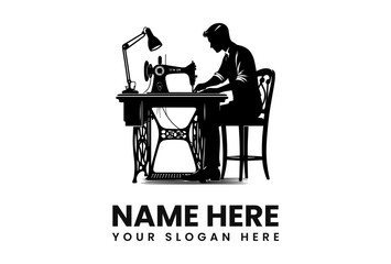 Silhouette of a tailor working at a vintage sewing machine under a lamp, sitting on a chair.