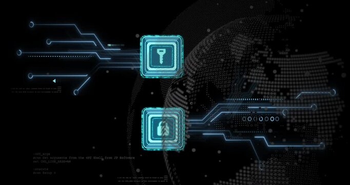 Circuit pulses driving key and lock icons pulsing while globe rotating forming secure handshake