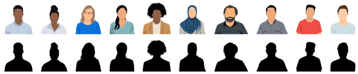Diverse people avatar profile portraits with unknown faceless silhouettes of man and woman set