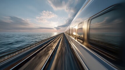High speed train journey coastal route scenic sunset view fast motion blur travel