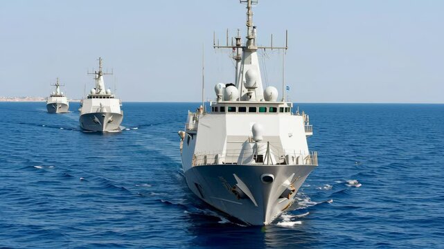 Three navy ships are sailing in the ocean. The first ship is in the middle of the other two