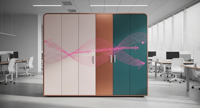 A modern office space featuring a large cabinet with a pink arrow design and multiple workstations - Powered by Adobe