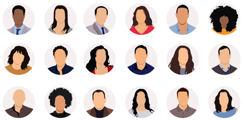 Vector people faces avatars and users collection - Set of illustrations with profile pictures of diverse people in various clothes and styles. Flat design in oval frame on white background 